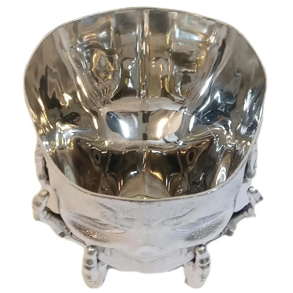Halloween Skull Candy Table Bowl Silver Metallic Chrome Dish Skeleton Hands